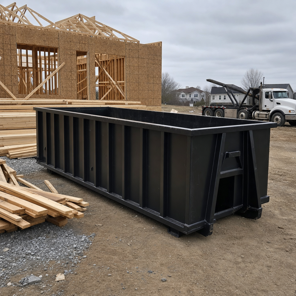 Matte-black 40-yard roll-off dumpster staged on a framed-out residential construction site in Lowell, framing lumber stacked nearby, hooklift delivery truck visible in the background under bright Colorado daylight