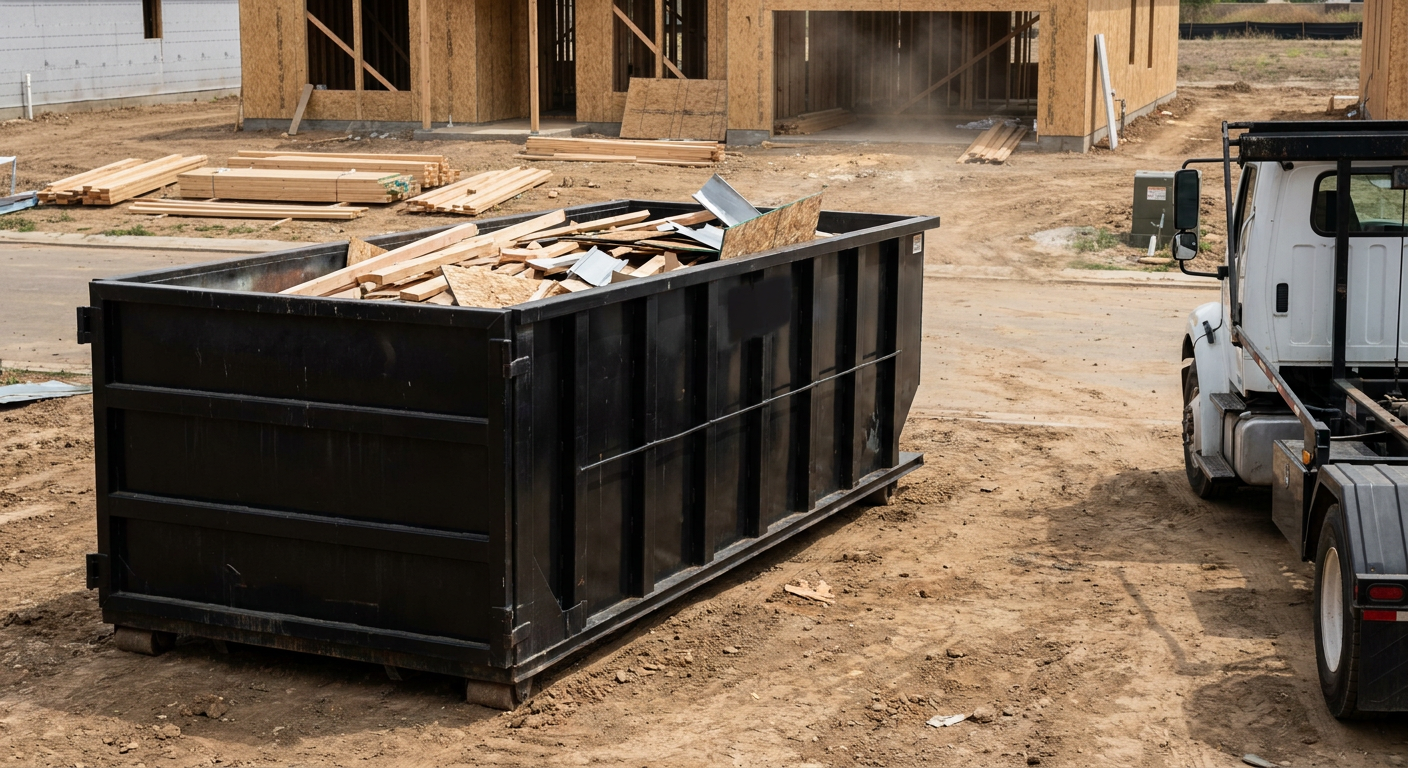Matte-black 20-yard roll-off construction dumpster with heavy ribbed steel sidewalls and swing rear doors at a working jobsite in Lowell, sitting directly on compacted dirt with an unmarked white hauler partially visible at the far edge of the frame.