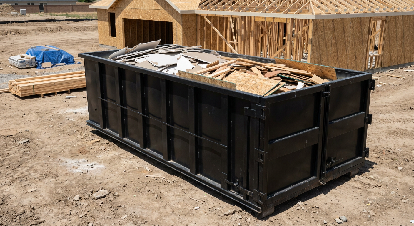 Matte-black 30-yard roll-off construction dumpster sitting directly on the compacted-dirt site of a framed single-family home build in Lowell, drywall and lumber scrap loaded inside.