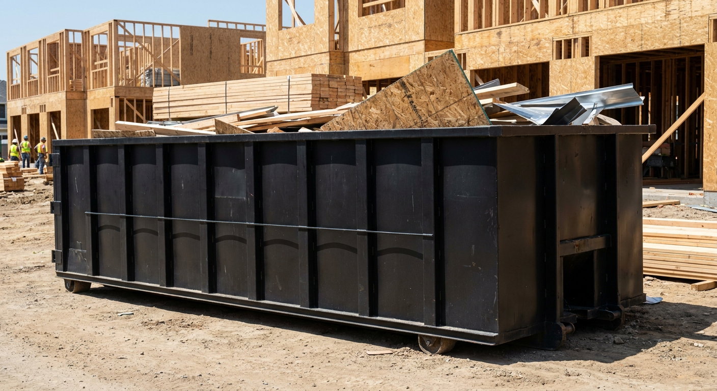 Matte-black 40-yard roll-off construction dumpster being lowered from a white-cab hooklift delivery truck onto the compacted-dirt jobsite at a commercial build site in Lowell