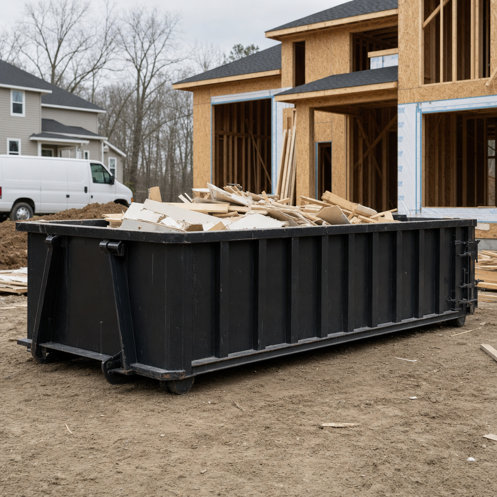 Worker in a yellow high-visibility vest tossing framing lumber and broken drywall into a matte-black 30-yard construction roll-off dumpster on an active build site in Lowell, bright daylight