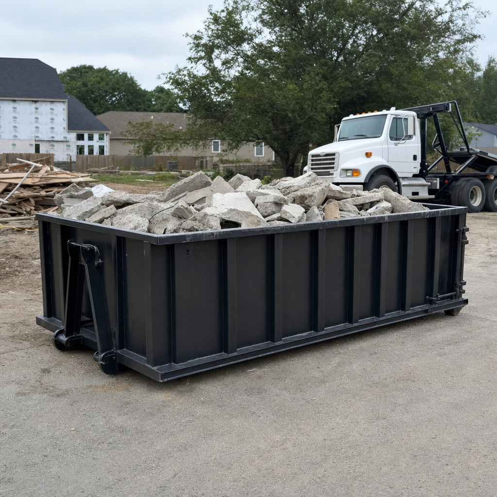 Low-profile matte-black lowboy roll-off dumpster loaded with broken concrete slab and rebar at a foundation tear-out in Lowell, skid steer parked beside it, sunny Colorado morning