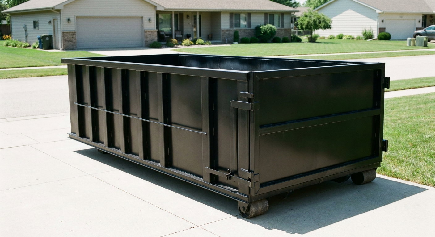 Matte-black 10-yard roll-off dumpster on a residential concrete driveway in Lowell, uniformly painted matte black across every panel and rail, ribbed steel sidewalls and rear swing door visible, mid-day daylight.