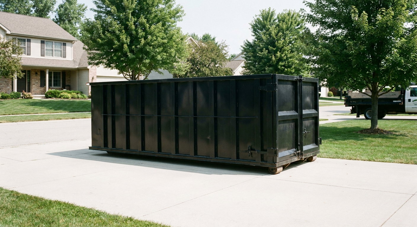 Matte-black 20-yard roll-off dumpster sitting level on a clean Lowell residential concrete driveway under bright daylight, demonstrating clean placement directly on the concrete.