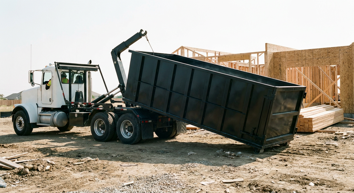 Matte-black roll-off dumpster being delivered onto a clean residential concrete driveway in Lowell by an unmarked white hooklift hauler truck, bright morning daylight, documentary 35mm perspective.