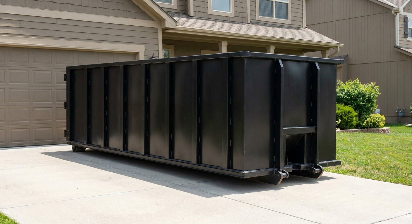 Matte-black residential roll-off dumpster sitting directly on a suburban Lowell concrete driveway, garage door closed, single-family home in background, bright morning daylight.