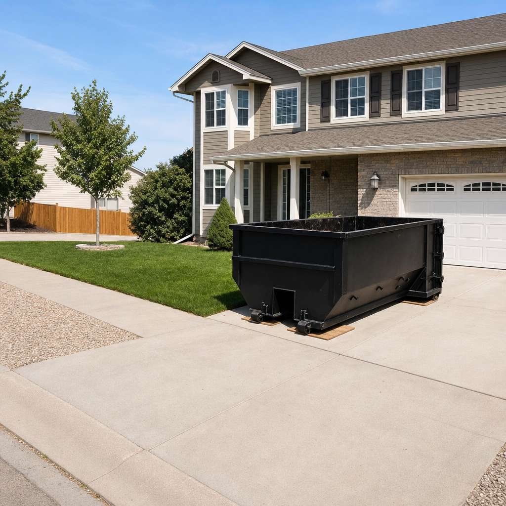 10-yard matte-black residential dumpster placed directly on a narrow Lowell concrete driveway, room remains for a parked sedan beside it, mid-morning natural light