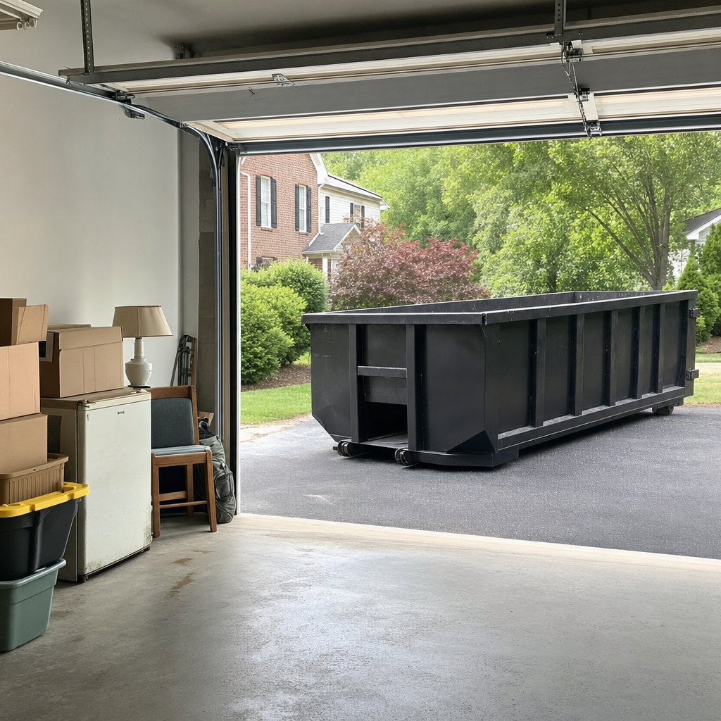 Open garage interior in a Lowell home mid-cleanout — boxed items, an old appliance, and stacked yard tools queued near the driveway for a matte-black roll-off dumpster, organized and calm