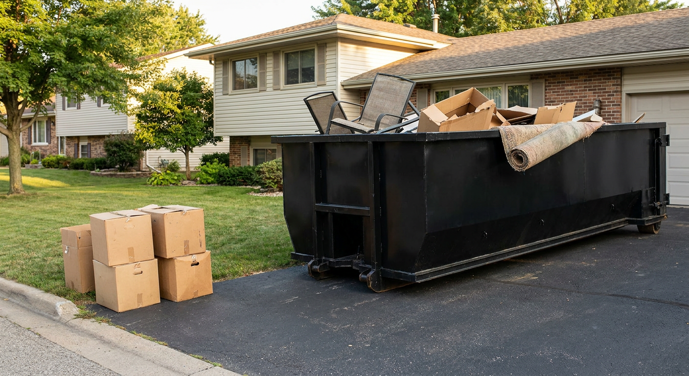 Front-yard view of a Lowell split-level home with a 20-yard matte-black roll-off dumpster sitting directly on the asphalt driveway, a few clearly labeled donation boxes staged at the curb, calm sunny afternoon.