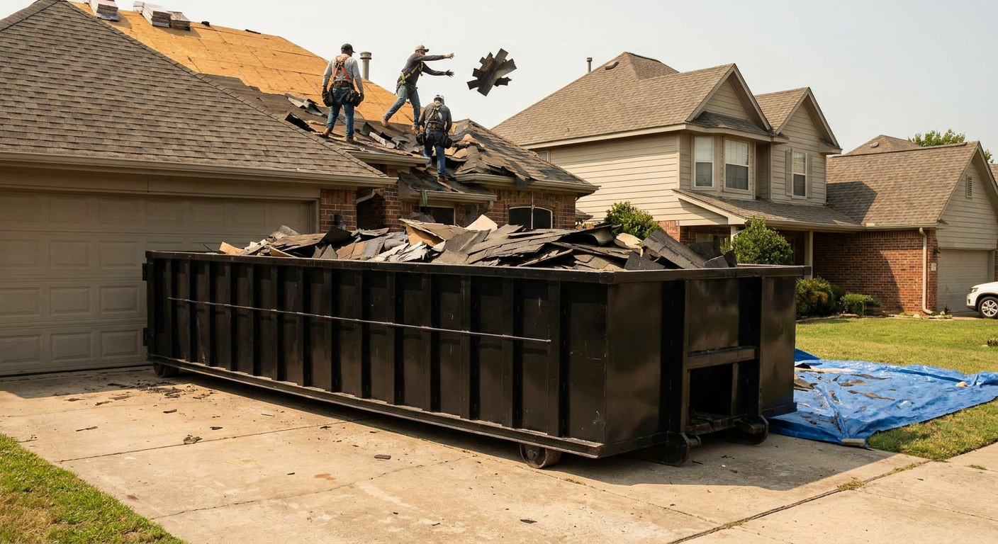 Matte-black roofing roll-off dumpster placed directly on a Lowell residential concrete driveway, a tear-off crew on a two-story asphalt-shingle roof tossing shingle bundles into the low-walled container, bright daylight, documentary 35mm perspective.