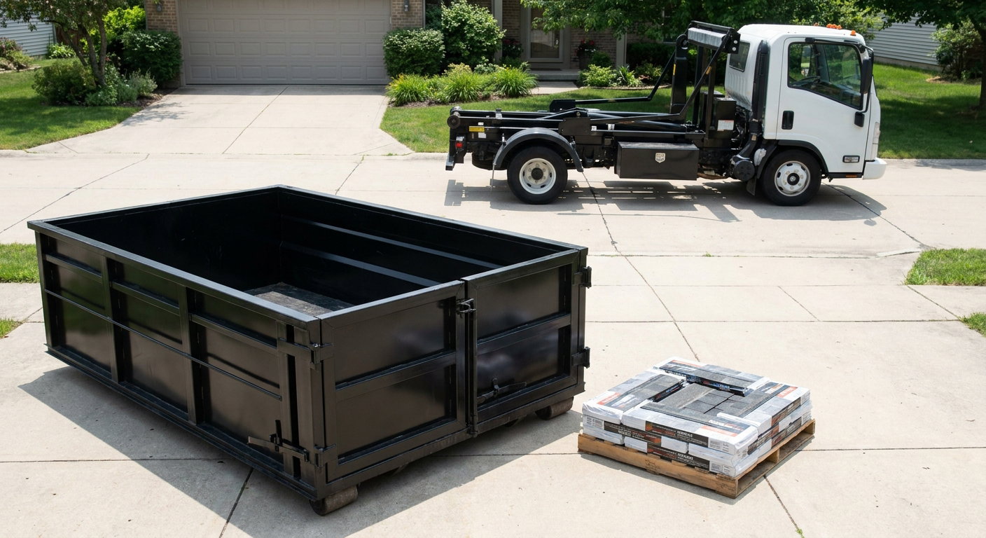 Matte-black 15-yard roofing roll-off dumpster with reinforced low side walls sitting directly on a Lowell residential concrete driveway, three-tab asphalt shingle bundles stacked nearby, an unmarked white hauler truck partially visible at the edge of the frame.