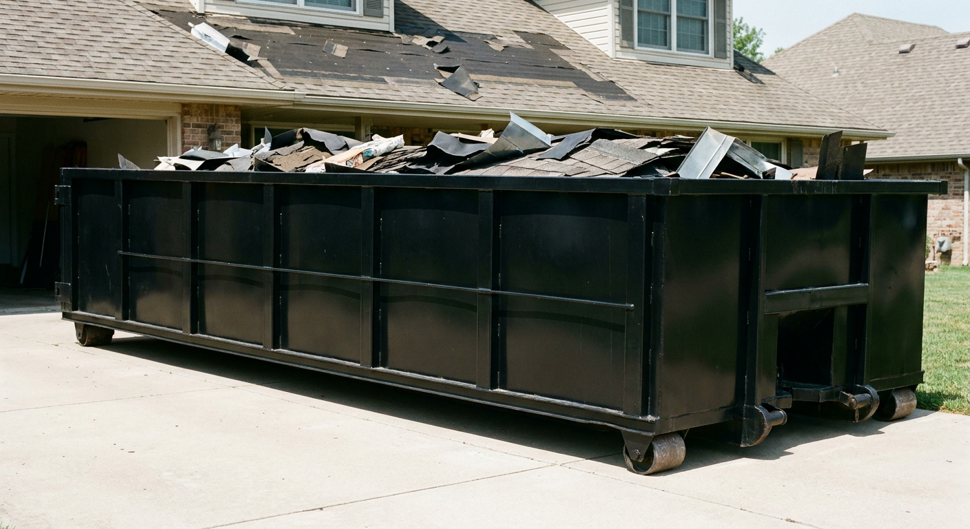 Matte-black 20-yard roofing roll-off dumpster with steel ribbed sides and swinging rear door, sitting directly on the concrete driveway of a two-story Lowell home, asphalt shingle debris being loaded over the low wall, clean documentary lighting.