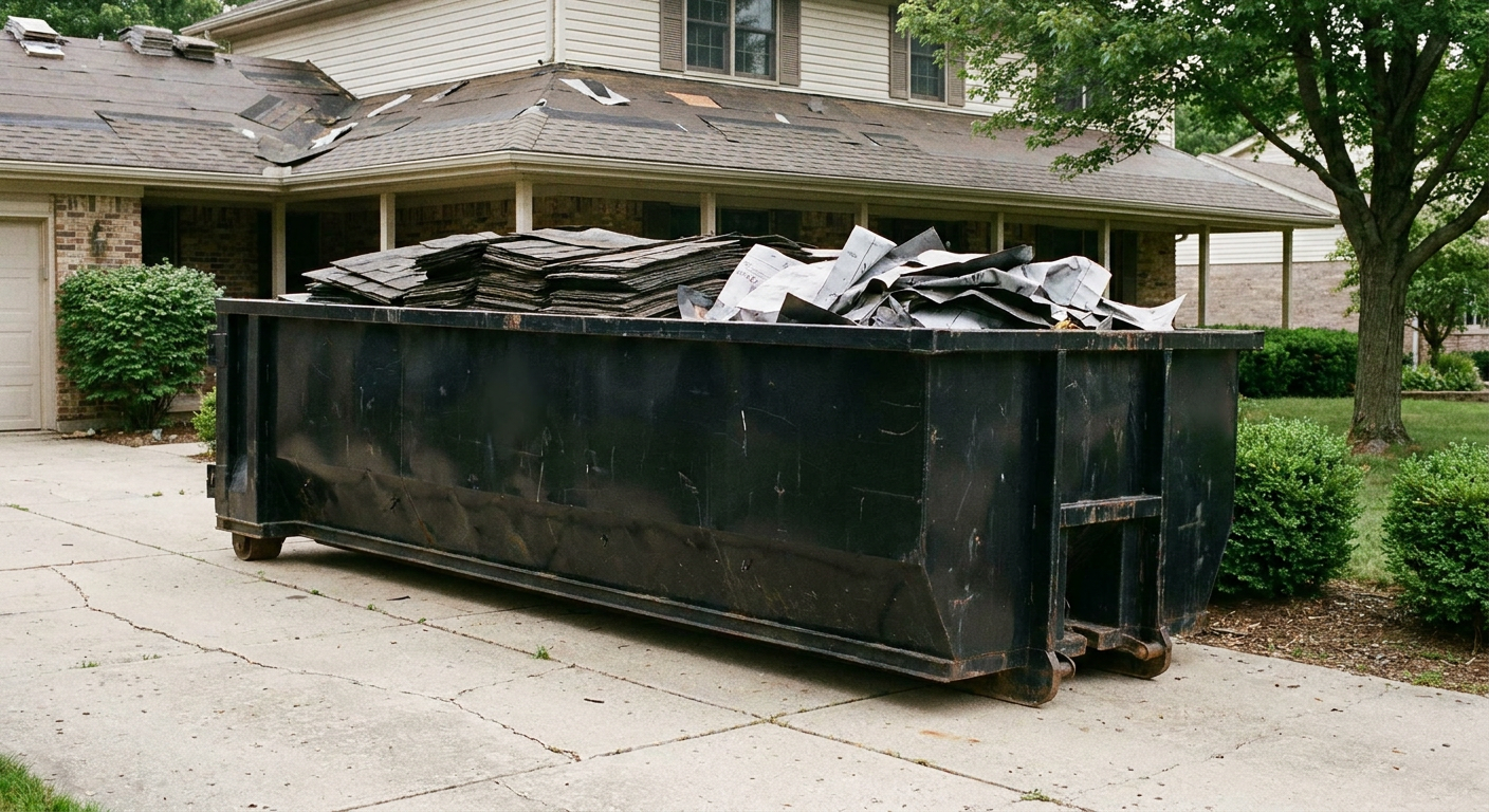 Matte-black 30-yard roofing roll-off dumpster sitting directly on a Lowell concrete driveway, taller ribbed steel side panels, mixed tear-off debris of asphalt shingles and underlayment inside, professional documentary daylight.