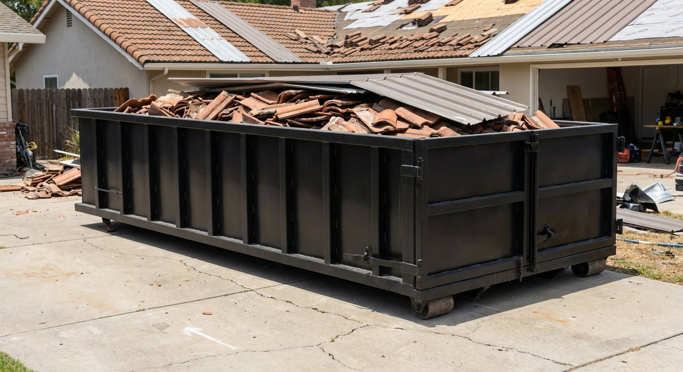 Matte-black low-wall heavy-debris roofing roll-off dumpster sitting directly on a Lowell concrete driveway, broken concrete clay roof tiles and metal panel sections loaded inside, reinforced ribbed steel side walls visible, bright outdoor daylight.