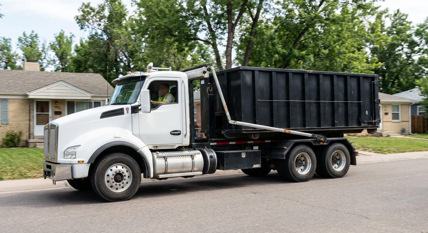 A wide documentary shot of a matte-black roll-off delivery truck pulling onto a quiet Lowell residential street at mid-morning, with neighborhood rooftops and tree-lined blocks visible behind, showing the metro coverage footprint.