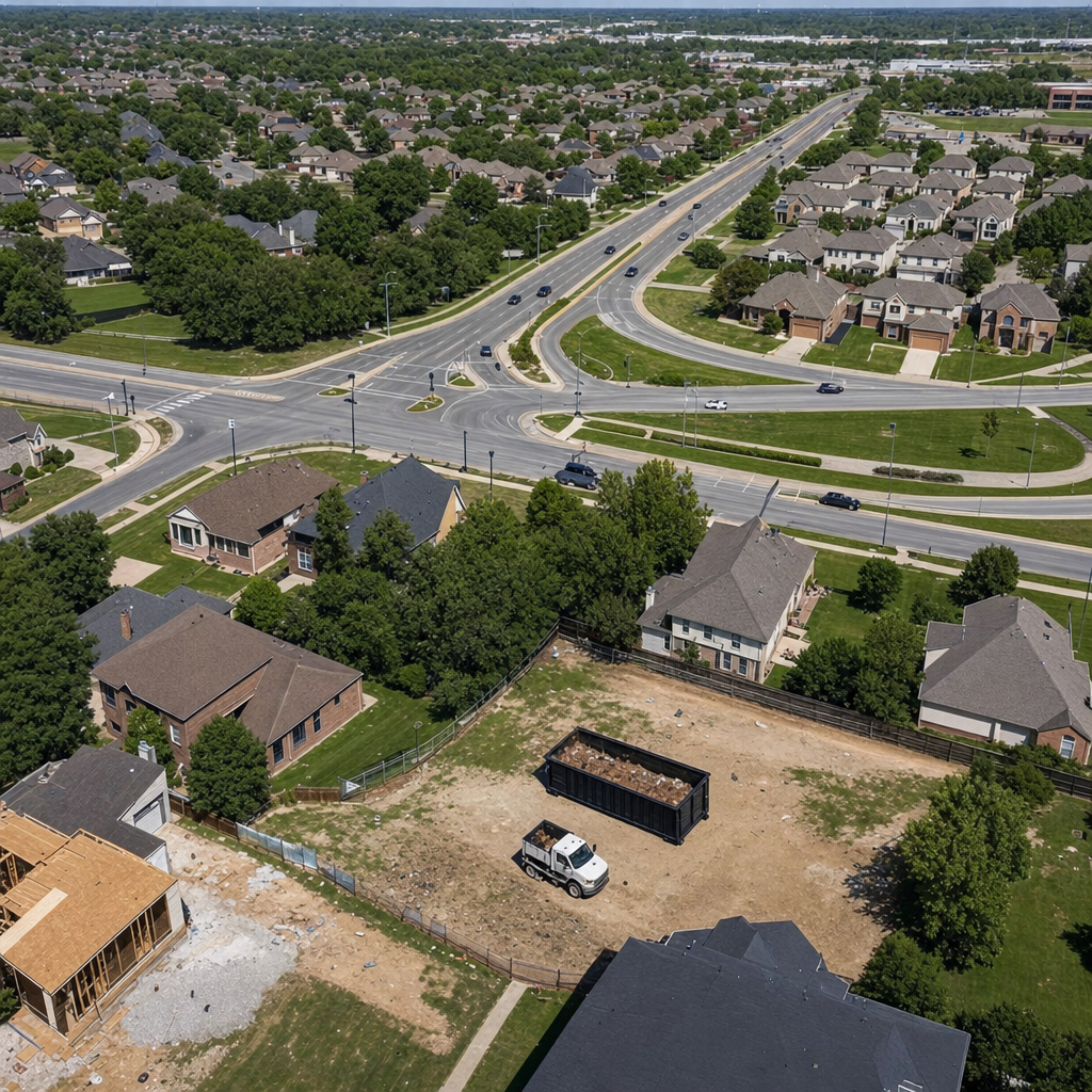 An overhead documentary view of the Lowell metro area at midday, showing the spread of neighborhoods, arterial roads, and the dispatch radius from a central yard — clean daylight, organized geographic layout.