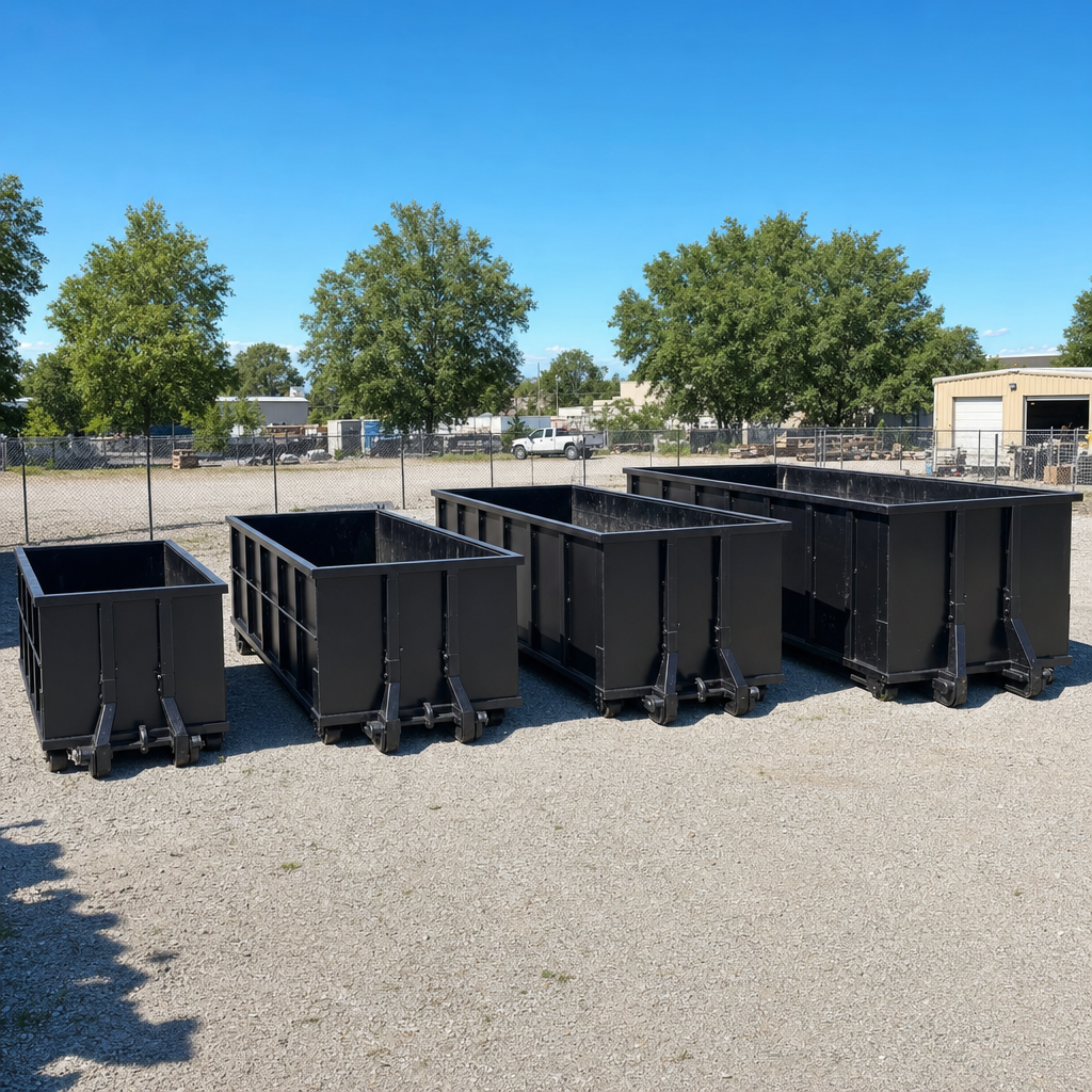A clean lineup of matte-black roll-off dumpsters in 10, 20, 30, and 40-yard sizes staged on a sunlit gravel yard in Lowell, showing the size progression from compact to commercial-scale containers.