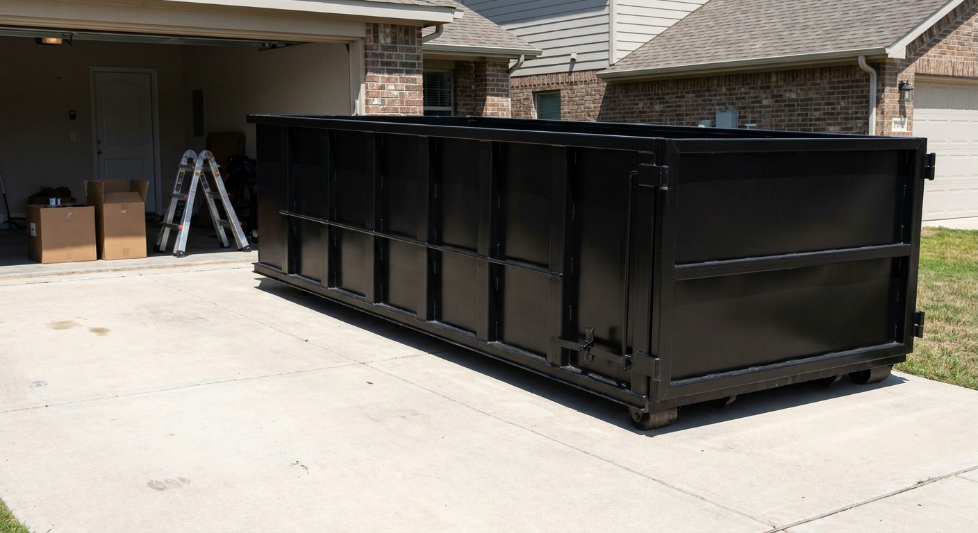A matte-black 10-yard roll-off dumpster sitting directly on a residential Lowell concrete driveway, mid-day sunlight, clean and ready for a garage cleanout.