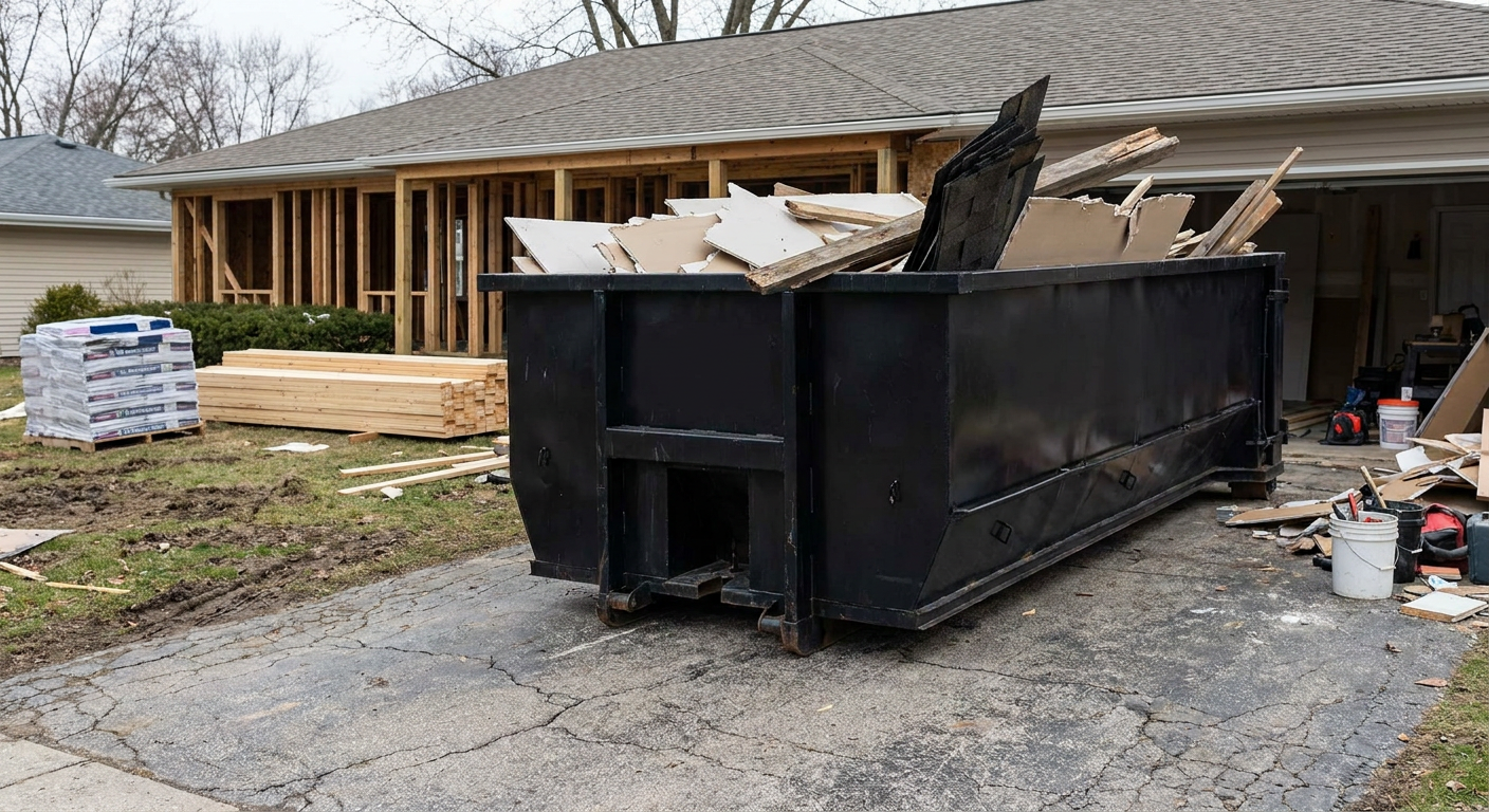 A matte-black 20-yard roll-off dumpster placed alongside a mid-renovation Lowell home directly on the asphalt driveway, with framing materials and torn-off shingles staged neatly nearby.