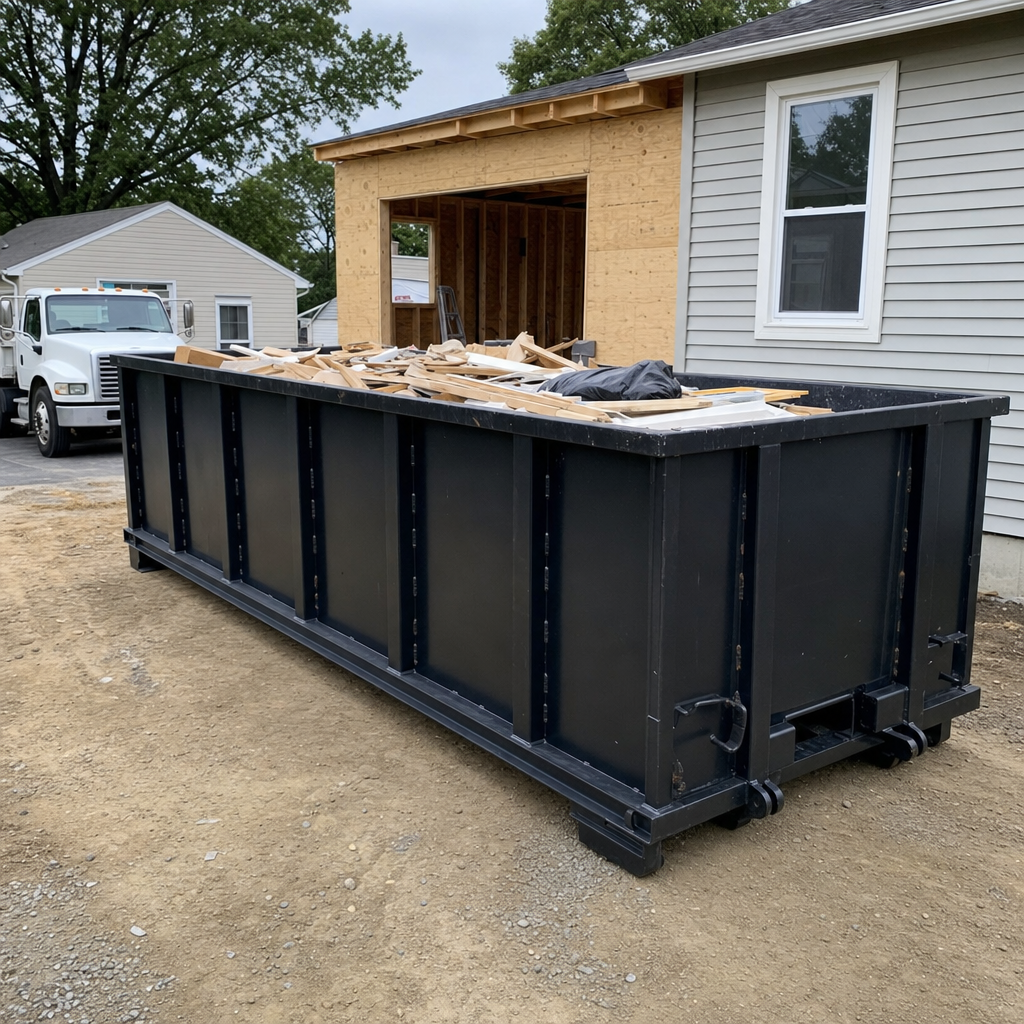 A matte-black 30-yard roll-off dumpster positioned at a Lowell residential addition jobsite, with framing lumber and drywall scraps loaded through the open swinging rear doors.