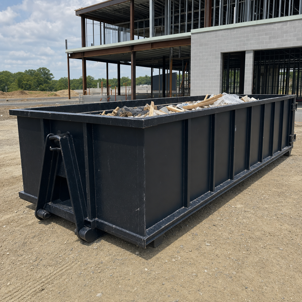 A matte-black 40-yard roll-off dumpster staged on a large Lowell commercial construction lot, with a hooklift delivery truck parked alongside under bright midday sky.