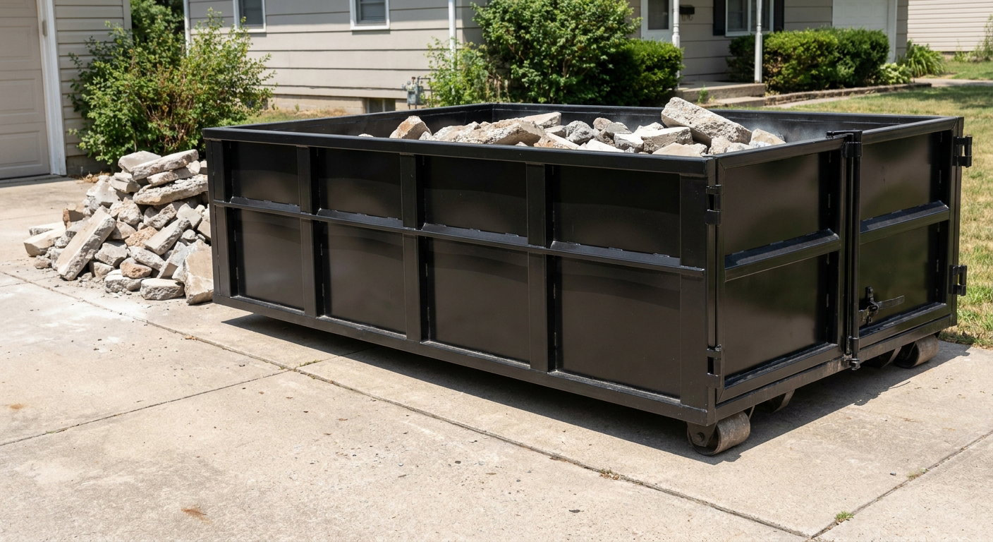 A matte-black low-side heavy-debris roll-off dumpster placed directly on a Lowell concrete driveway, with broken concrete chunks neatly stacked beside it under clean daylight.